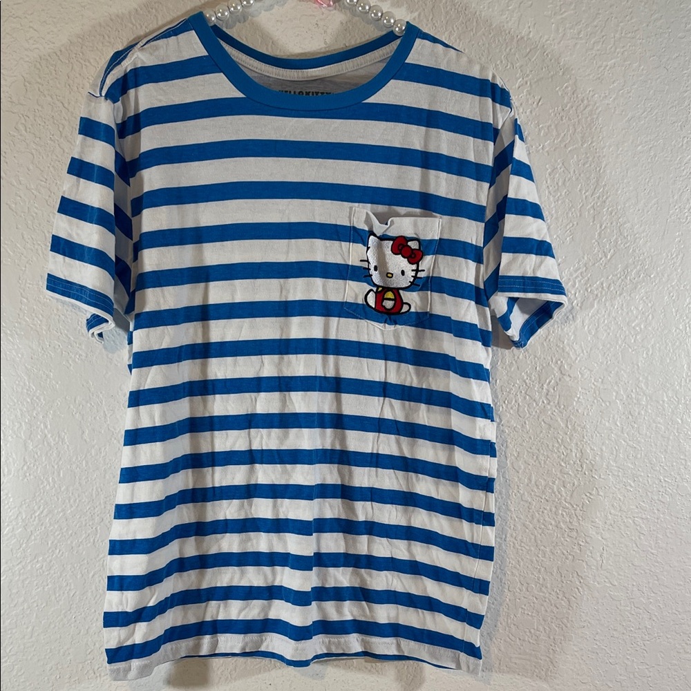 Hello Kitty Striped T-Shirt Size Medium Embroidered Pocket Sanrio Blue & White